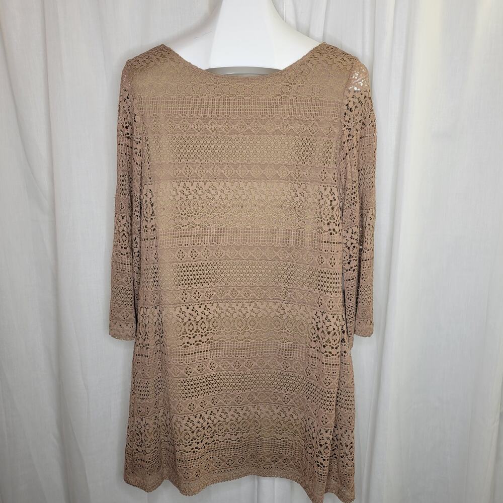 Sheragano Women's Tan Lace Overlay Dress w/ Bell Sleeves, M